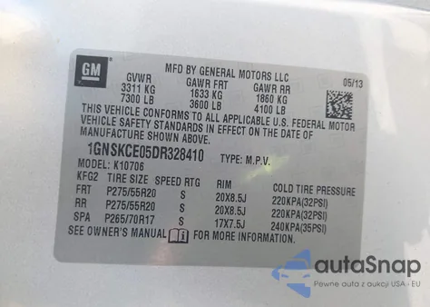 2013 Chevrolet Tahoe Ltz z USA, uszkodzony, nr VIN 1GNSKCE05DR328410